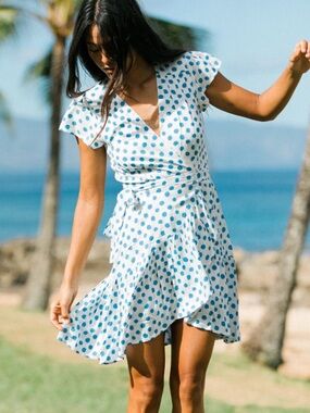 Xix Palms Santa Maria Party Wrap Dress Polka Dot Blue White NWT Size Small